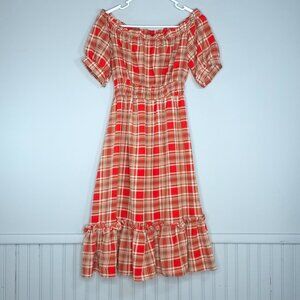 Red & Tan Plaid Off-the-Shoulder A-Line Dress Cottagecore Indie Country